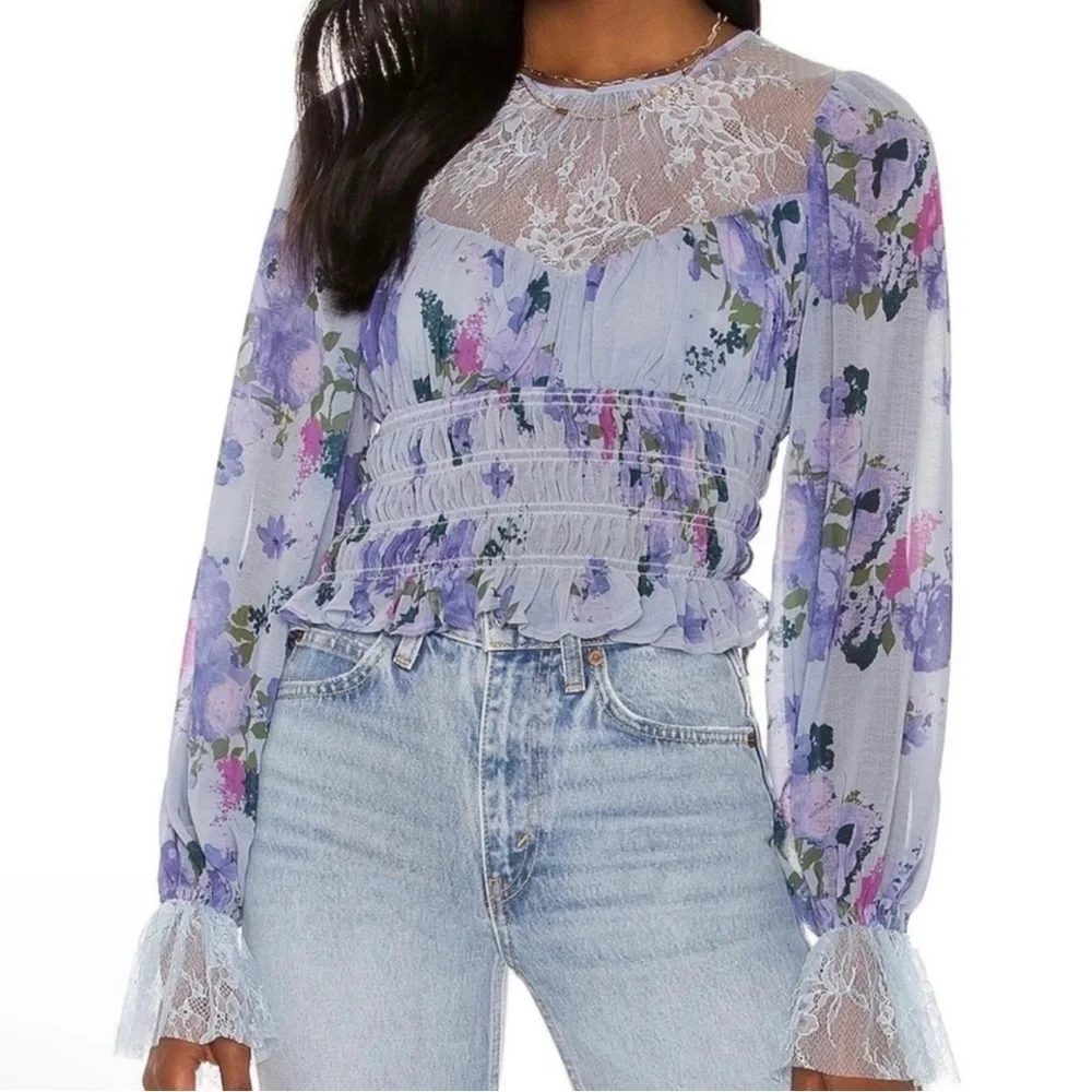 NWT $128R. Free People Daphne Smocked Lace Top